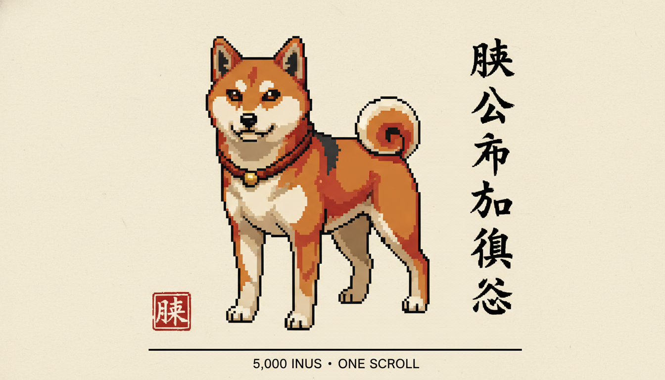 An adult Shiba Inu sprite on washi paper, vermillion hanko at the corner.